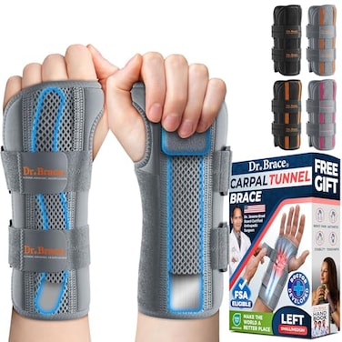 DR. BRACE DR BRACE Carpal Tunnel Wrist Brace Night Support Hand Brace for Pain Relief Tendonitis Sprained Arthritis Upgraded Dual Wrist Splints Therapeutic Cushion For Women Men SM Left Grey