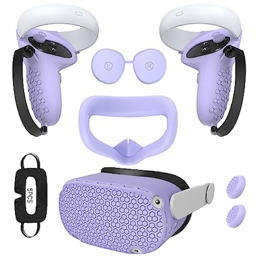 مجموعة AMZDM من ملحقات Oculus Quest 2: غطاء وسادة للوجه، غطاء عدسة، غطاء سيليكون للواقع الافتراضي، غطاء هيكل، غطاء عصا التحكم، غطاء للعينين للاستخدام مرة واحدة، 5 قطع، لون بنفسجي