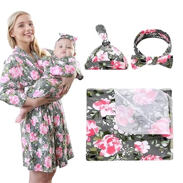 Miracle Baby 4 Pack Maternity Robe and Matching Baby Swaddle Blanket with Hat Headband Set Stretchy Knitted Delivery Nursing Dress with Pockets and Receiving Blanket for Mummy and Baby Grey Flower