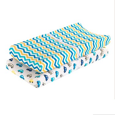 EVERYDAY KIDS 2 Pack Baby Changing Pad Covers for Baby Boy Fits Most Changing Table Pads 100 Cotton Jersey Knit Breathable Soft Changing Table Topper Yellow and Blue Cars Chevron Pattern