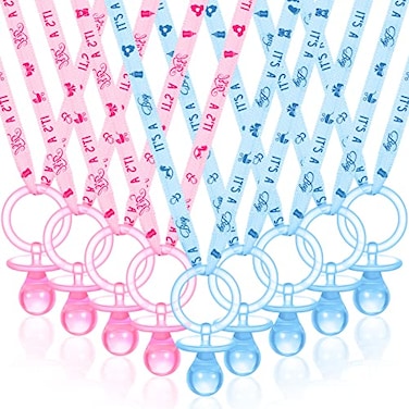 Coume 36 Pcs Shower Party Pacifiers Necklace Acrylic Pacifiers Charm Necklace for Shower Party Decorations Gender Reveal Table ScatterBlue Pink