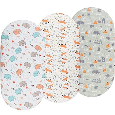 Onacosht Bassinet Sheets 3 Pack for Baby Boy Soft Stretchy Universal Fitted Sheet Set for Oval Rectangle Hourglass Bassinet Mattress Forest Fox Elephant Printing