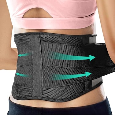 حزام دعم الظهر الرياضي الخفيف من AllyFlex للرجال والنساء، يُلبس تحت الزي الرسمي، مزود بوسادات قطنية طبية ثلاثية الأبعاد مزدوجة لتخفيف آلام أسفل الظهر، وشبكة مسامية مع أربطة قابلة للتعديل لتخفيف إجهاد الظهر.