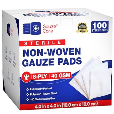 ضمادات شاش معقمة غير منسوجة من Gauze Care، عبوة من 100 ضمادة، 4x4، 8 طبقات، ناعمة، خالية من الوبر، مغلفة بشكل فردي، معقمة، ماصة، تسمح بمرور الهواء، مثالية للعناية بالجروح