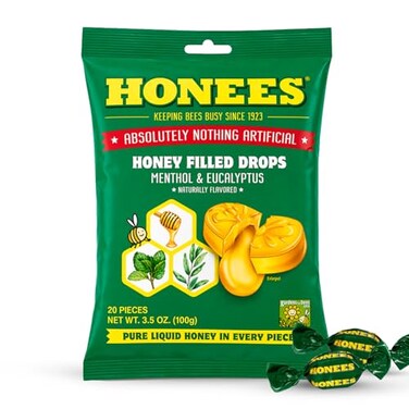 Honees Honey Menthol Cough Drops 20Piece Single Pack HoneyFilled Lozenges Temporary Relief from Cough Soothes Sore Throat All Natural