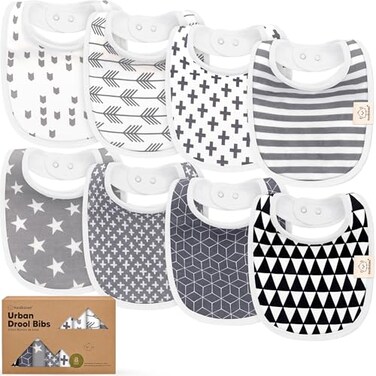KeaBabies 8Pack Organic Baby Bibs for Drooling and Teething Grayscale