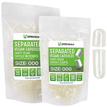 كبسولات XPRS Nutra Vegan بحجم 000، 500 كبسولة منفصلة، ​​أغطية فارغة ممتازة مفصولة في أكياس، كبسولات فارغة شفافة بحجم 000، حبوب لتعبئة المكملات الغذائية بنفسك