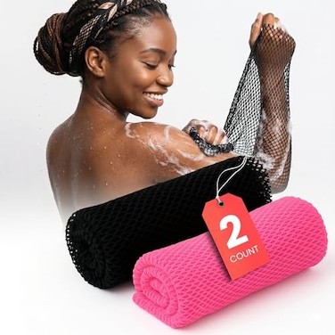 M T African Net Sponge Authentic 2 Pack Extra Long Exfoliating Body Scrubber Back Scrubber for Shower 100 Nylon Bath Sponge for Women Quick Dry