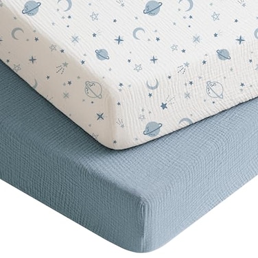 Konssy Muslin Crib Sheets for Boys Soft Cotton Neutral Baby Sheets for Standard Crib Mattress 2 Pack 52x28 StarBlue