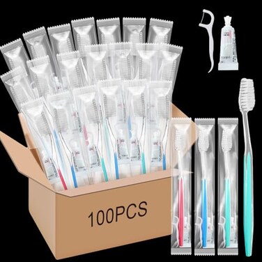 مجموعة ماكس تشيك المكونة من 100 فرشاة أسنان للاستخدام مرة واحدة، مع معجون أسنان وخيط تنظيف الأسنان، مغلفة بشكل فردي، مناسبة للسفر، ومستلزمات للمشردين، ونزلاء الفنادق.