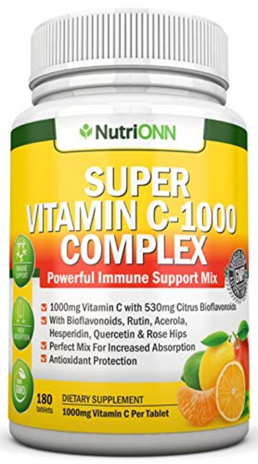 NutriONN Super Vitamin C Complex 1695Mg 180 Tablets With 530 mg Natural Citrus Bioflavonoids Rose Hips Rutin Quercetin Hesperidin For Increased Absorption Advanced Immune Support NonGMO