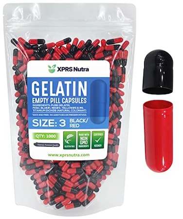 XPRS Nutra Size 3 Empty Capsules 1000 Count Empty Gelatin Capsules Pills DIY Capsule Filling Fillable Pure Bovine Pill Gel Caps for DoItYourself Supplements and Vitamins BlackRed