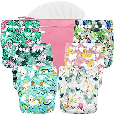 wegreeco Cloth Diapers 6 Pack with 6 Inserts 1 Wet Bag Washable Cloth Diapers for Babies One Size Adjustable Reusable Rainbow Horse