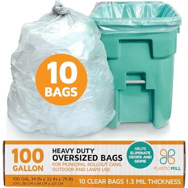 PlasticMill Heavy Duty Trash Bags Clear Garbage Bags Plastic Trash Bags for Large Rolling Trash Bins Tall Trash Bags 100Gallon Large Kitchen Trash Bags 13 Mil 67x79 10Count