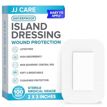 ضمادات لاصقة مقاومة للماء من JJ CARE، عبوة من 100 ضمادة، شاش معقم ذو حواف، مقاس 2 × 3، ضمادات جروح جزيرية قابلة للتهوية، مغلفة بشكل فردي، ضمادات شاش لاصقة مع وسادة مركزية غير لاصقة.