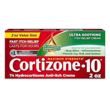 كورتيزون ١٠ كريم كورتيزون ١٠ فائق القوة لتخفيف الحكة، كريم هيدروكورتيزون سريع المفعول مضاد للحكة لعلاج لدغات الحشرات والطفح الجلدي والإكزيما والصدفية والطفح الجلدي الناتج عن نبات اللبلاب السام والبلوط والسماق وغيرها، ٢ أونصة