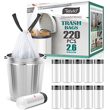 Teivio 26 Gallon 220 Counts Strong Drawstring Trash Bags Garbage Bags by Bathroom Bin Liners 2253 Gal Small Plastic Bags for home office kitchen fit Code R 10 Liter Trash Can