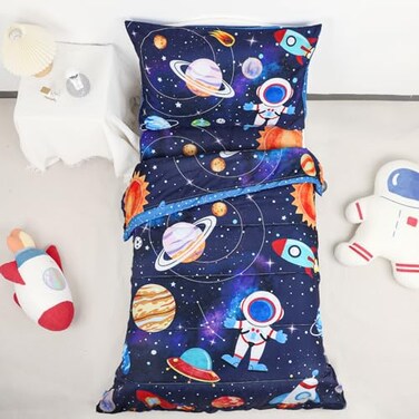 SWESEN Toddler Bedding Set for Boys Blue Space Toddler Boy Bedding Set Soft Lightweight 4 Piece Toddler Comforter Sets Include Comforter Flat Sheet Fitted Sheet Pillowcase