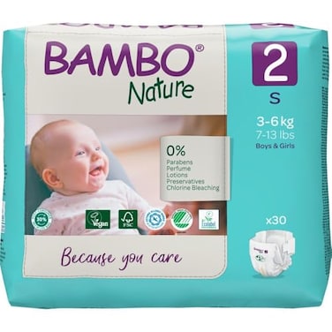 حفاضات بامبو ناتشر للأطفال مضادة للحساسية، حفاضات حاصلة على علامة EcoLabel، حماية معززة ضد التسرب، خالية تمامًا من الكلور، لطيفة على البشرة، فائقة الامتصاص، مقاس 2، 30 حفاضة