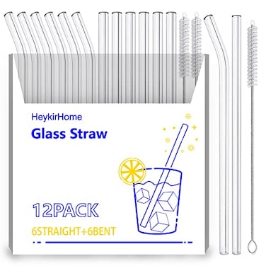 HeykirHome 12Pack Reusable Glass StrawSize 85x10 MMIncluding 6 Straight and 6 Bent with 2 Cleaning Brush Perfect For Smoothies Tea Juice