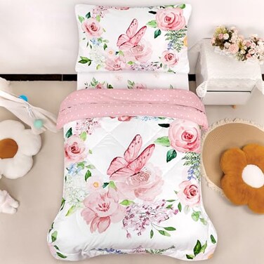 CARUILI 4 Piece Toddler Bedding Set for Girls Butterfly Toddler Comforter Set Ultra Soft Toddler Bed Set Includes Comforter Flat Sheet Fitted Sheet Pillowcase Pink Floral Butterfly Pattern