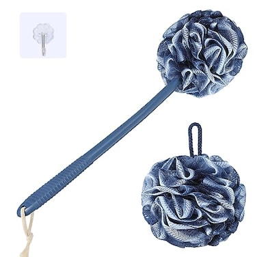 VANZAVANZU Loofah Sponge Set Loofah Exfoliating Body Scrubber AntiSlip Plastic 17 Handle Loofah on a Stick with Fluffy Shower Sponge PE Soft Mesh Shower LoofahsBlue with White Edge