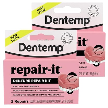 طقم إصلاح أطقم الأسنان Dentemp RepairIt بتركيبة متطورة، عبوة من قطعتين، يُصلح أطقم الأسنان المكسورة، ويُرمم الشقوق، ويُعيد تركيب الأسنان المتخلخلة.