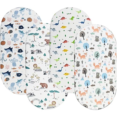 Onacosht Bassinet Sheets for Baby Boy and Girl Stretchy Fitted Sheet Universal for Bassinet Cradle Hourglass Oval Rectangle PadMattress 4 Pack Undersea Fish Animal and Dinosaur Printing