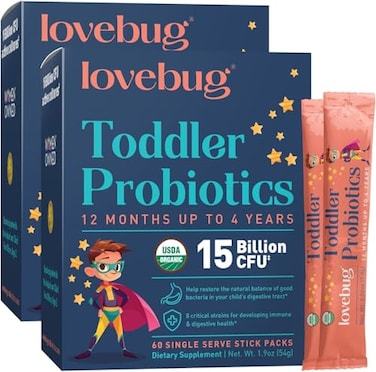 LOVEBUG Award Winning Probiotics Constipation Stomach Discomfort Softer Bowel Movements EasytoTake Powder Ages 12 Months to 4 Years 60 Packets