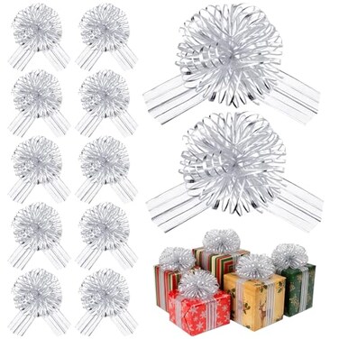 Poen 12 Pcs Large Pull Bows for Gift Wrapping 8 Silver Ribbon Pull Bows Gift Bow for Presents Wedding Baskets Wrapping Boxes Wine Bottles Flower Holiday Decorations