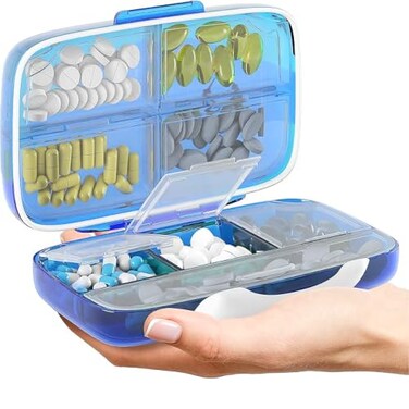 BEXEEN Travel Pill Organizer Airtight Medicine Case for Traveling Portable Pharmacy Box with Labels Vitamin Container 8 Compartment Supplement Medication Holder Large Capacity Daily Blue