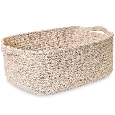 ABenkle Small Storage Basket with Handles Cotton Rope Woven Dog Cat Toy Bin Decorative Shelves Closet Organizing for Nursery Laundry Bedroom Bathroom 142x 11x 51