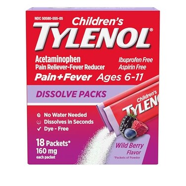 Tylenol Childrens Dissolve Packs with 160 mg Acetaminophen Pain Reliever Fever Reducer Kids Powder Packets for Cold Flu Symptom Relief Ibuprofen DyeFree Wild Berry 18 ct