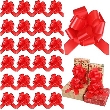 WILLBOND 24 Pcs Red Christmas Pull Bows Bulk for Wrapping Gift Large Bow with Ribbon Assorted Bows Pull String for Christmas Basket Party Present Birthday Wreath Gift Basket