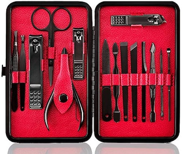 Keiby Citom Professional Stainless Steel Nail Clipper Travel Grooming Kit Nail Tools Manicure Pedicure Set of 15pcs with Luxurious Case BlackRed