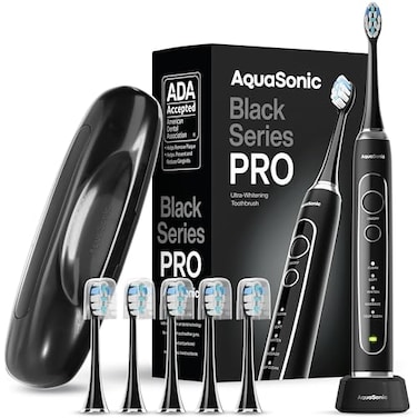 فرشاة أسنان كهربائية Aquasonic Black Series PRO UltraWhitening، 5 أوضاع، مؤقتات ذكية، حقيبة سفر فاخرة، 6 رؤوس فرشاة Proflex، معتمدة من جمعية طب الأسنان الأمريكية (ADA).