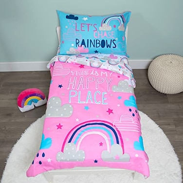 Baby Boom Funhouse Lets Chase Rainbows 4 Piece Toddler Bedding Set Includes Comforter Sheet Set Fitted Top Sheet Reversible Pillowcase for Girls Bed Pink