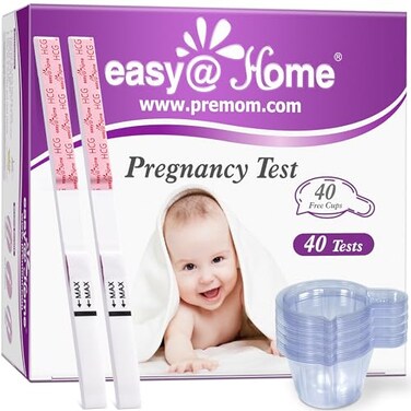 Easy@Home، 40 شريط اختبار حمل مع 40 كوب بول، دقة عالية، كشف مبكر، حساسية عالية، نتائج سريعة وواضحة، مصمم للنساء اللواتي يحاولن الحمل، 40 شريط اختبار حمل hCG، أكواب بول