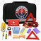 EMERGENCY USA Roadside Car Emergency Kit First Aid Set Jumper Cables Tow Strap LED Flash Light Rain Coat Tire Pressure Gauge Safety Vest and More Black