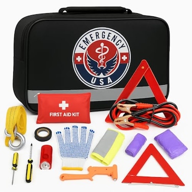 EMERGENCY USA Roadside Car Emergency Kit First Aid Set Jumper Cables Tow Strap LED Flash Light Rain Coat Tire Pressure Gauge Safety Vest and More Black