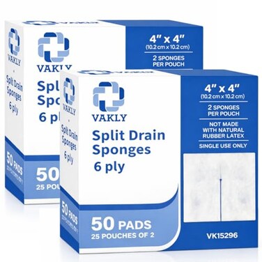Vakly Split Gauze Drain Sponges 4 x 4 Sterile 6Ply 100 Pack PreCut NonWoven Absorbent Gauze Pads for Wound Care IV Lines First Aid