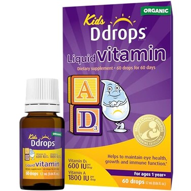 Ddrops Kids Organic Liquid Vitamins Daily Vitamins AD Drops for Kids 60 Drops Supports Eye Health Bone Development and Immune Function NonGMOs AllergyFriendly
