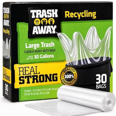 أكياس إعادة تدوير شفافة شديدة التحمل من Trash Away، أكياس طويلة وقوية للمنزل والمطبخ، 30 كيسًا، سعة 30 جالونًا، أكياس قمامة كبيرة، أكياس ورقية وبلاستيكية وألومنيوم سميكة لإعادة التدوير، شفافة