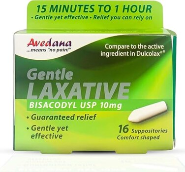 AVEDANA Bisacodyl Laxative Suppository USP 10mg for Fast Gentle Constipation Relief ComfortShaped Pack of 16 Suppositories