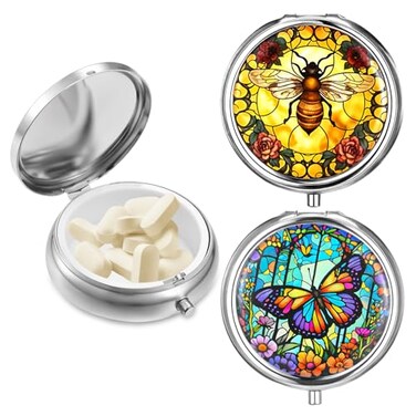 Sibba 2Pcs Portable Medicine Pill Case Moisture Proof Pocket Pill Organizer Dispenser Cute Compact Nice Tablet Box BeeButterfliy Medicine Pills Box Metal Pillbox with Mirror for Vitamins Fish Oil