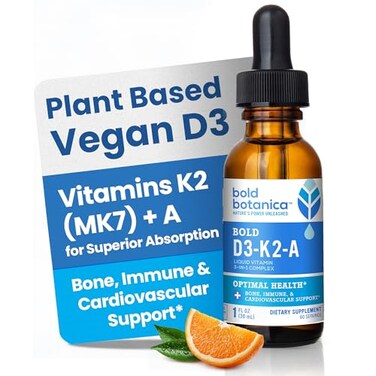 Bold Botanica Vitamin D3K2A Liquid Drops for Adults and Kids 2500 IU Vegan D3 from Algae with K2 MK7 A 3in1 Complex for Immune Bone Heart Support Orange Flavor 1 FL OZ 60 Servings