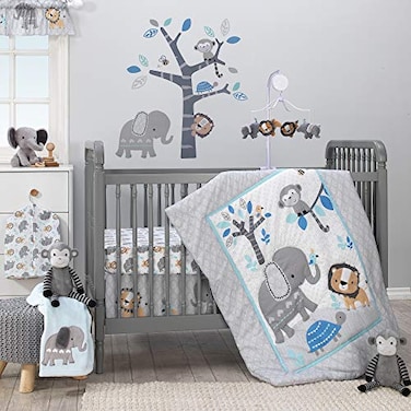 طقم مفروشات سرير أطفال من Bedtime Originals بتصميم Jungle Fun، مكون من 3 قطع، لون أزرق رمادي، عبوة من قطعة واحدة