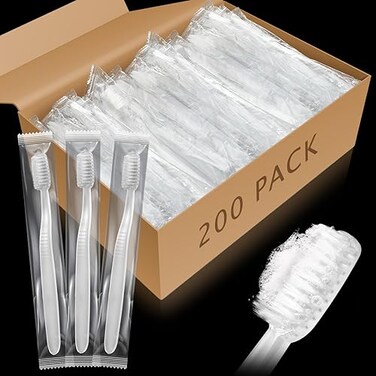Tioncy 200 Pack Prepasted Disposable Toothbrushes Individual Wrapped Toothbrushes Soft Bristle Travel Toothbrush Single Use Wrapped for Hotel Camp Travel and Gift for The Homeless White
