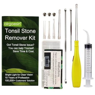 Airgoesin Upgraded Tonsil Stone Remover Tool Yellow 5 Tips Tonsillolith Pick Case 1 Irrigator Fresh Breath Oral Rinse