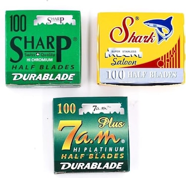 مجموعة متنوعة من شفرات الحلاقة ذات الحافة المستقيمة فائقة الأمان، 300 شفرة، 100 شفرة من كل نوع من شفرات شارك شارب 7 صباحًا نصفية لشفرات الحلاقة الاحترافية القابلة للاستبدال